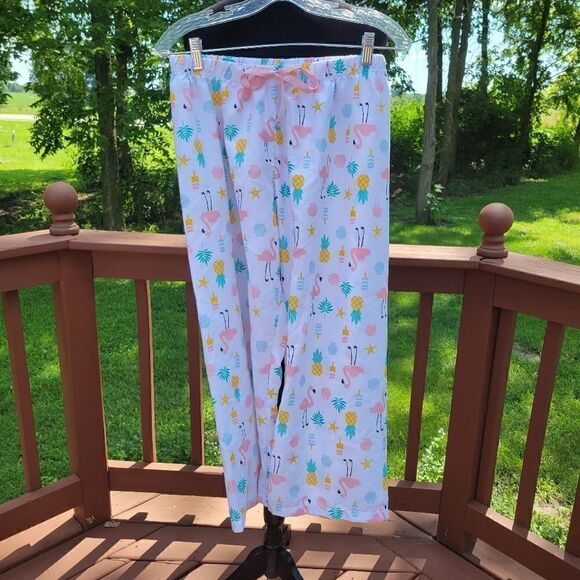 Bobbie Brooks Women's Sleep Pants White & Pink Flamingo's sz Med - Picture 1 of 10